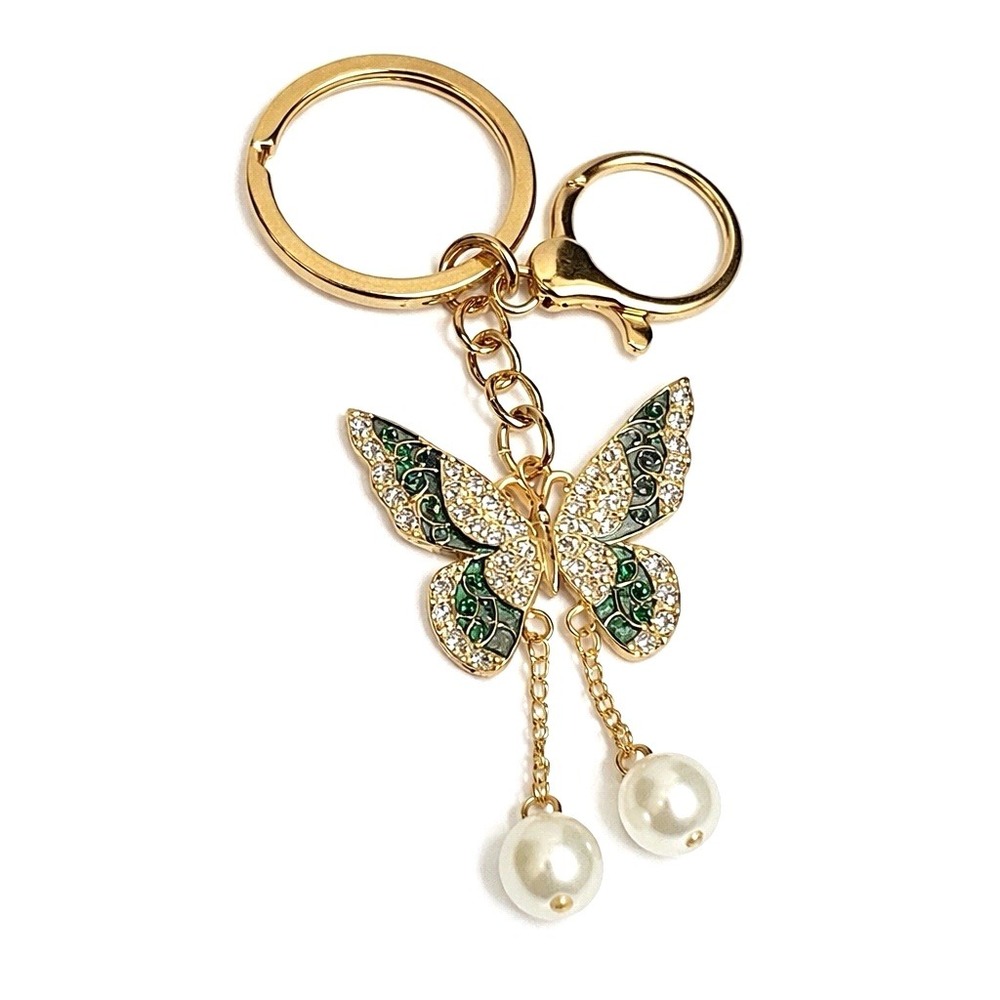 Teal Butterfly Gold Tone Keychain Purse Charm Rhinestone & Metal Clip 3.75"